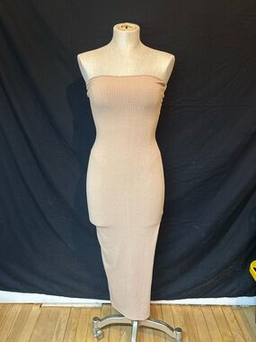 Windsor Strapless Ribbed Midi Dress in Beige